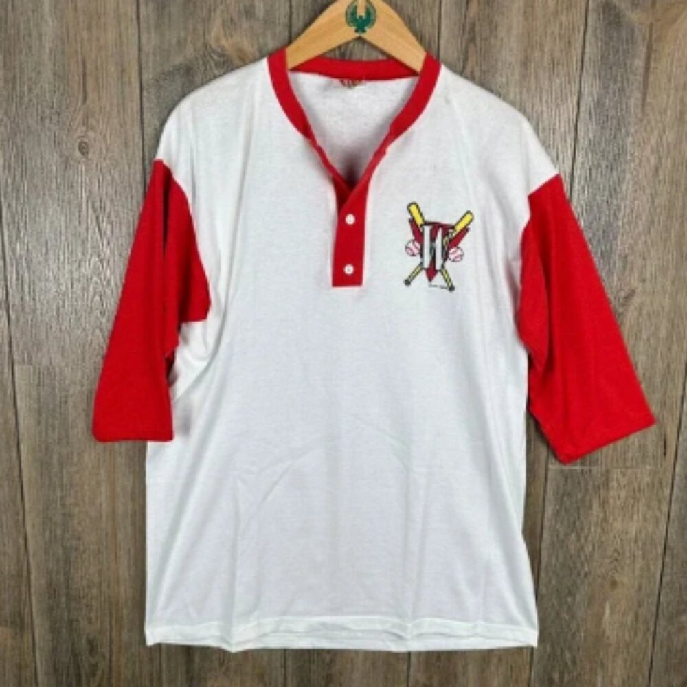 Winston Baseball T-Shirt Vintage 1993 Graphic Tee Red Sleeve Size Large